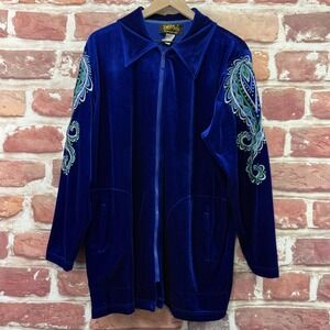Bob Mackie Wearable Art Jacket Women's 1X Blue Velvet Velour Boho Embroidered